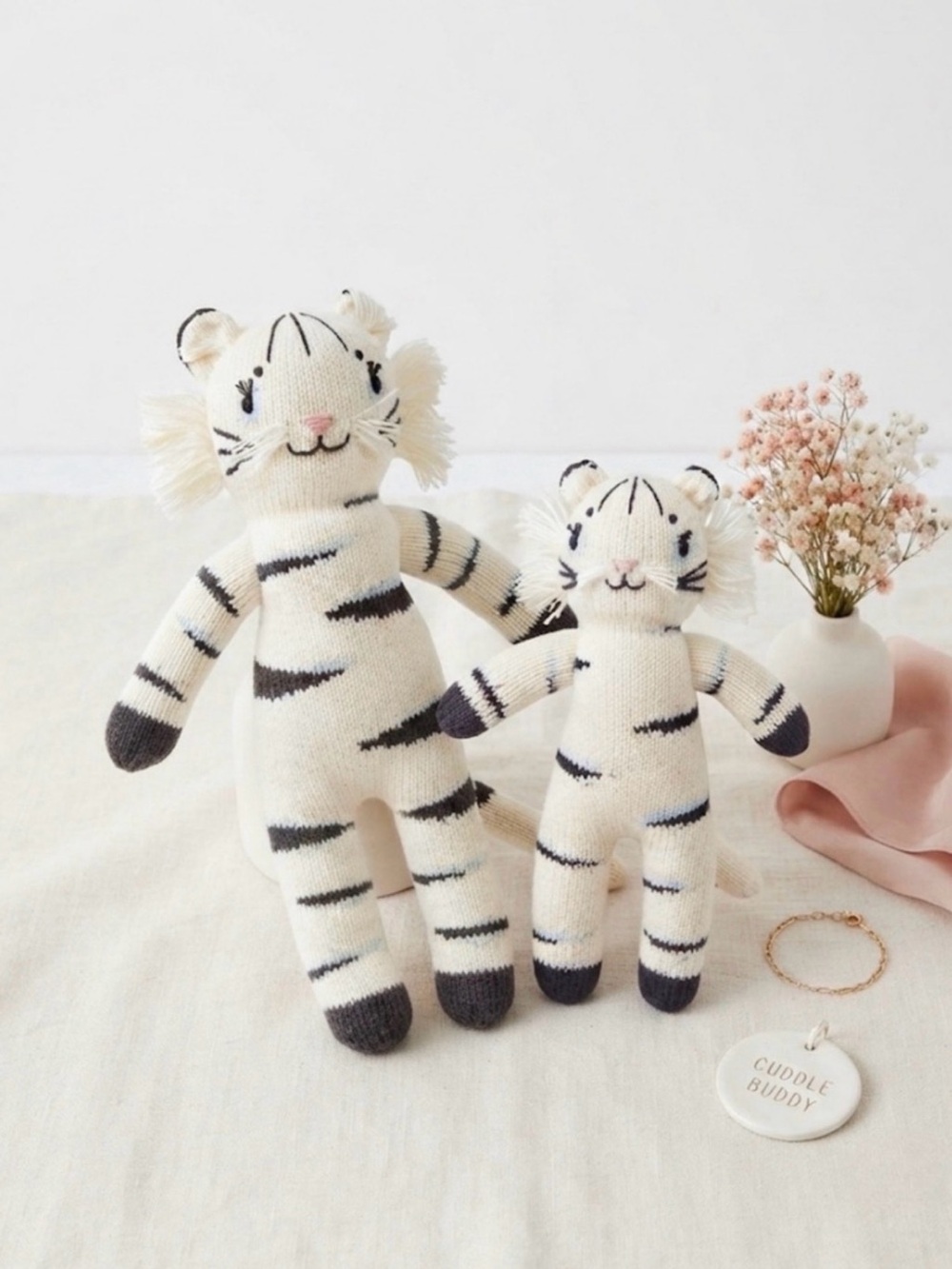 Hand-Knit Cream & Black Tiger Plush Toy for Kids